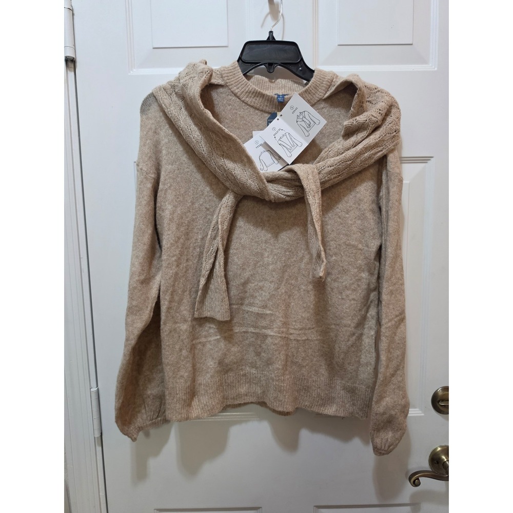 NWT Democracy Attached Layered Sweater Size L Tan Beige Knit Tied Shoulder Scarf